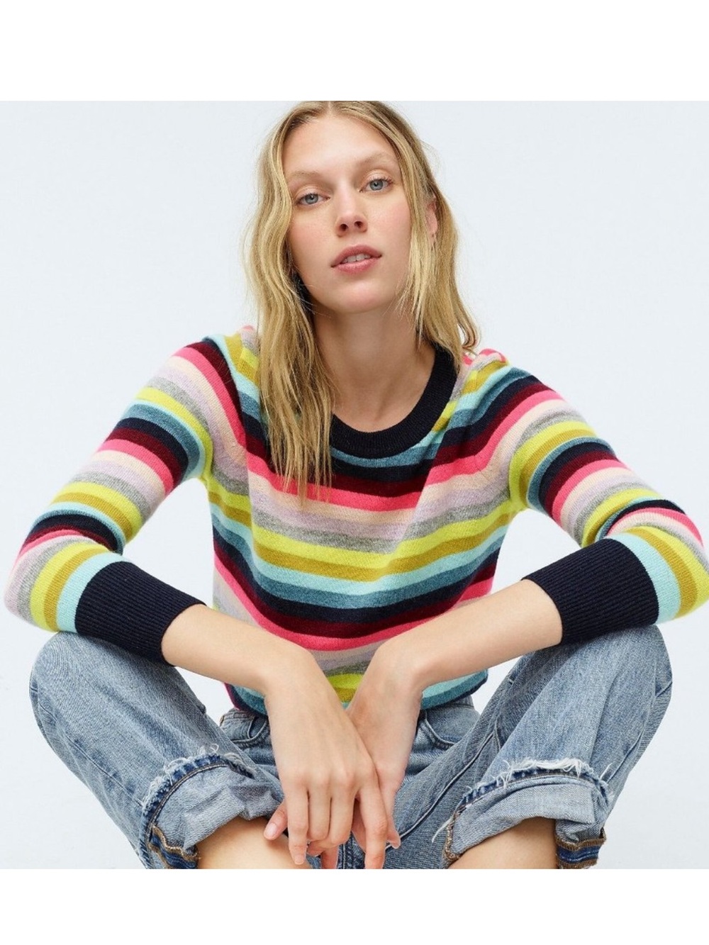 J. Crew 100% Cashmere Crewneck Sweater in Multistripe Sz M Rainbow